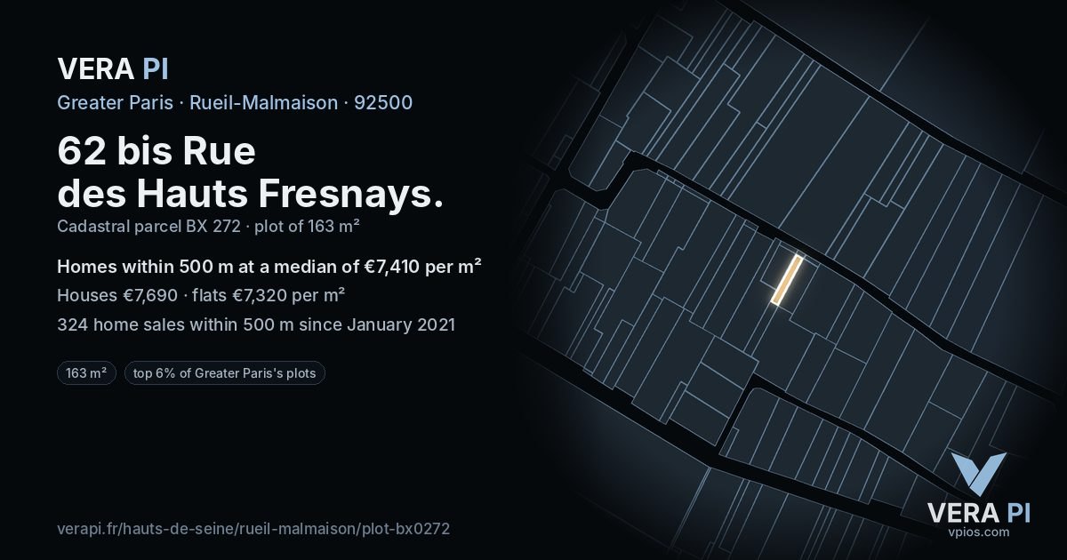 62 bis Rue des Hauts Fresnays, Rueil-Malmaison at night – the plot lit, the parcels around coloured by the prices near them