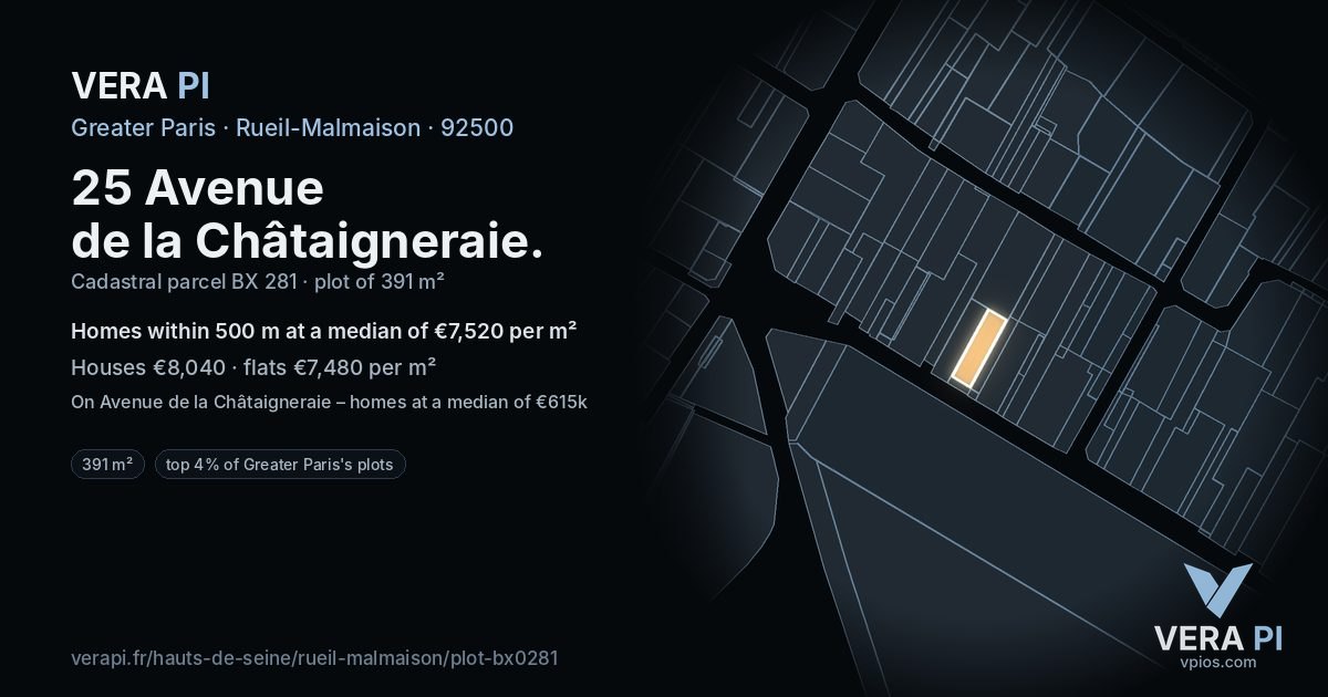 25 Avenue de la Châtaigneraie, Rueil-Malmaison at night – the plot lit, the parcels around coloured by the prices near them