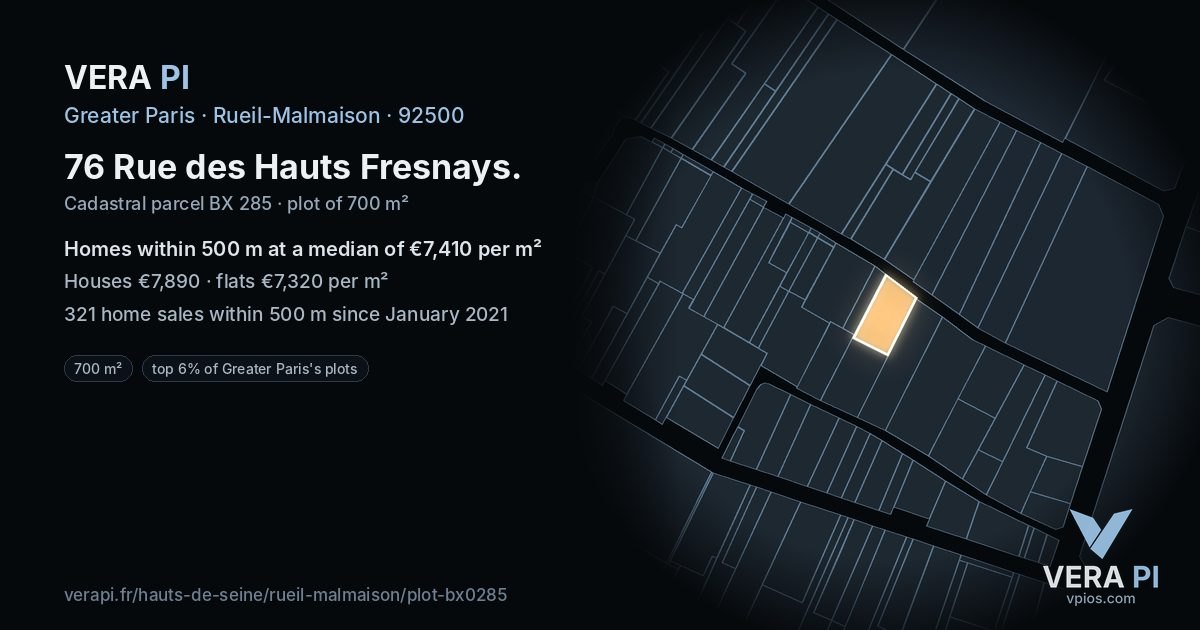 76 Rue des Hauts Fresnays, Rueil-Malmaison at night – the plot lit, the parcels around coloured by the prices near them