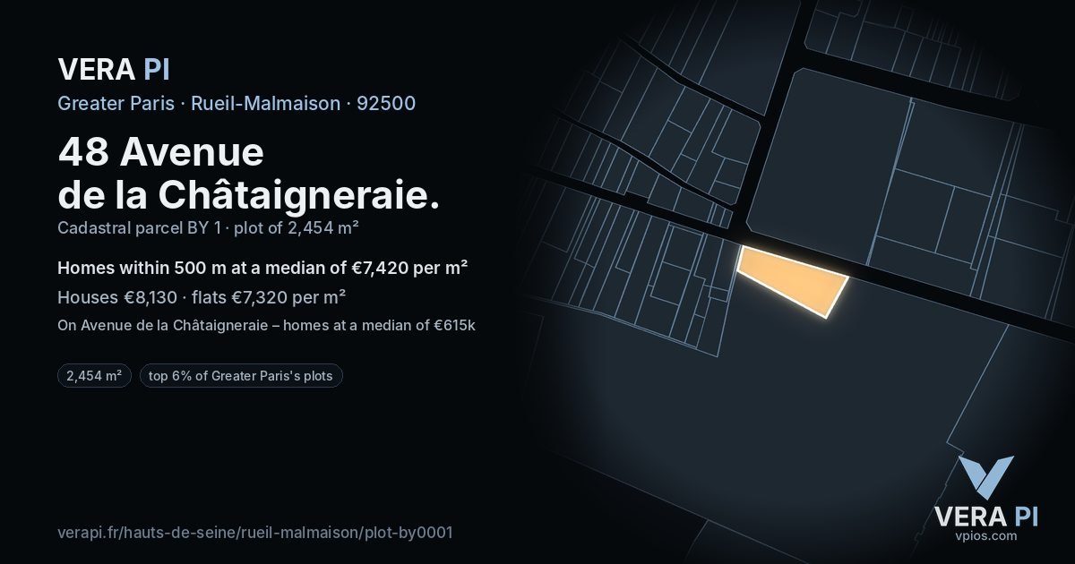48 Avenue de la Châtaigneraie, Rueil-Malmaison at night – the plot lit, the parcels around coloured by the prices near them