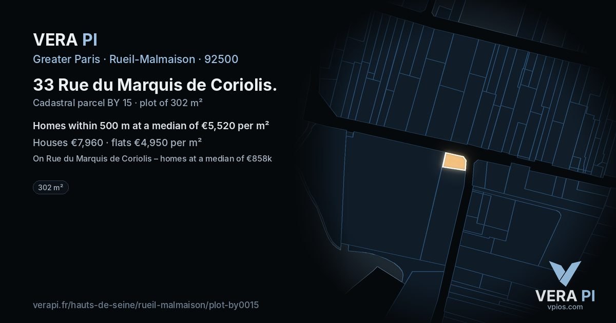 33 Rue du Marquis de Coriolis, Rueil-Malmaison at night – the plot lit, the parcels around coloured by the prices near them