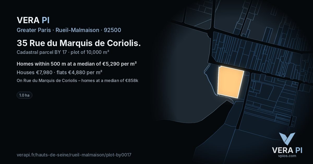 35 Rue du Marquis de Coriolis, Rueil-Malmaison at night – the plot lit, the parcels around coloured by the prices near them