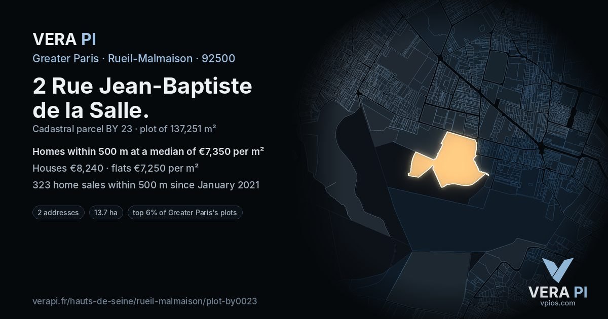 2 Rue Jean-Baptiste de la Salle, Rueil-Malmaison at night – the plot lit, the parcels around coloured by the prices near them