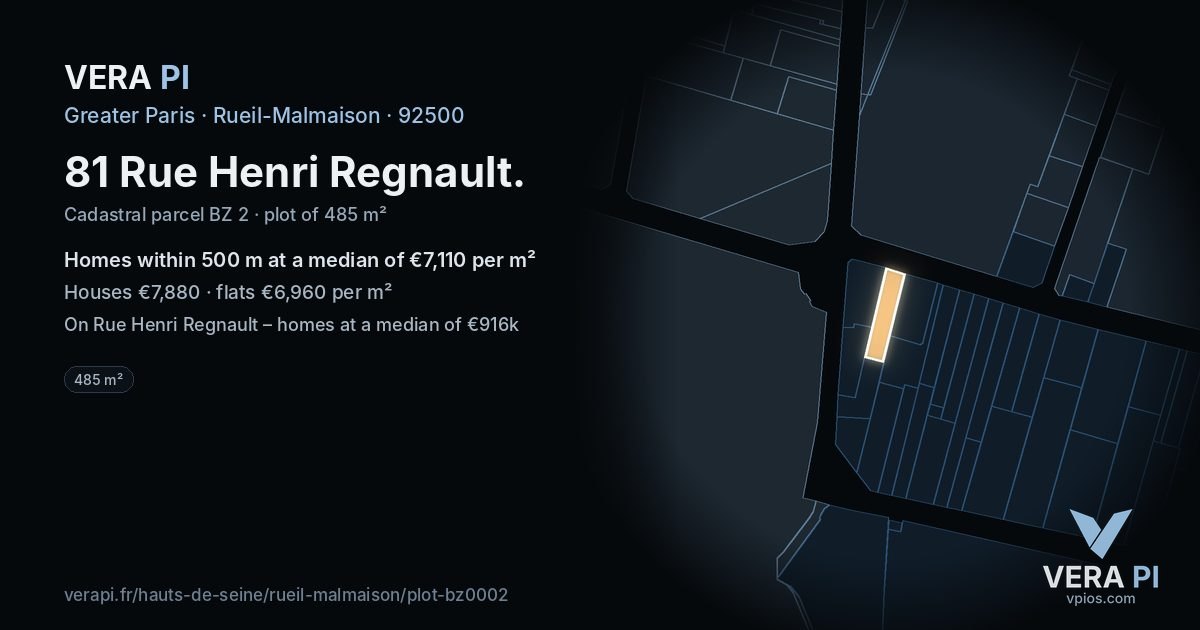 81 Rue Henri Regnault, Rueil-Malmaison at night – the plot lit, the parcels around coloured by the prices near them