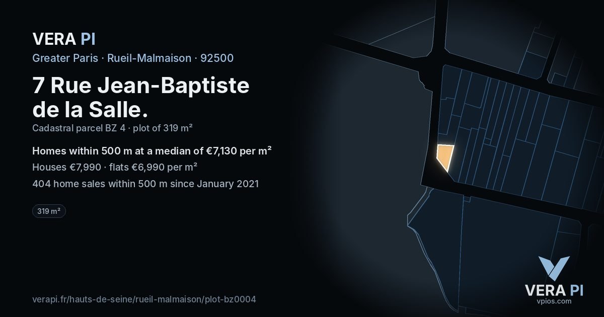 7 Rue Jean-Baptiste de la Salle, Rueil-Malmaison at night – the plot lit, the parcels around coloured by the prices near them