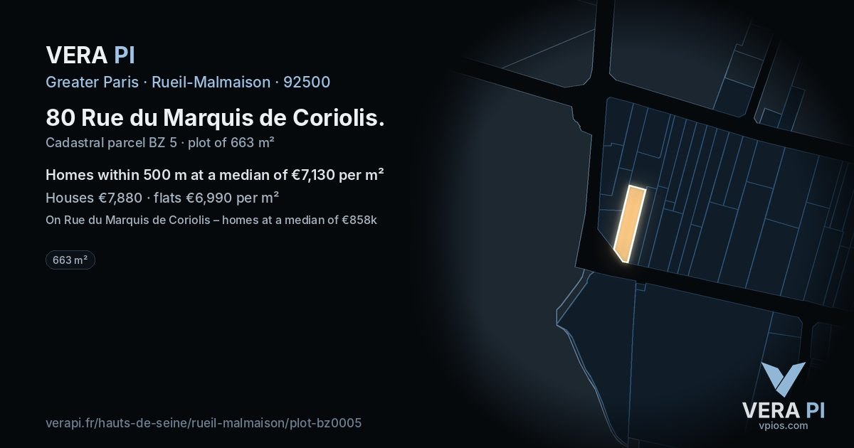 80 Rue du Marquis de Coriolis, Rueil-Malmaison at night – the plot lit, the parcels around coloured by the prices near them
