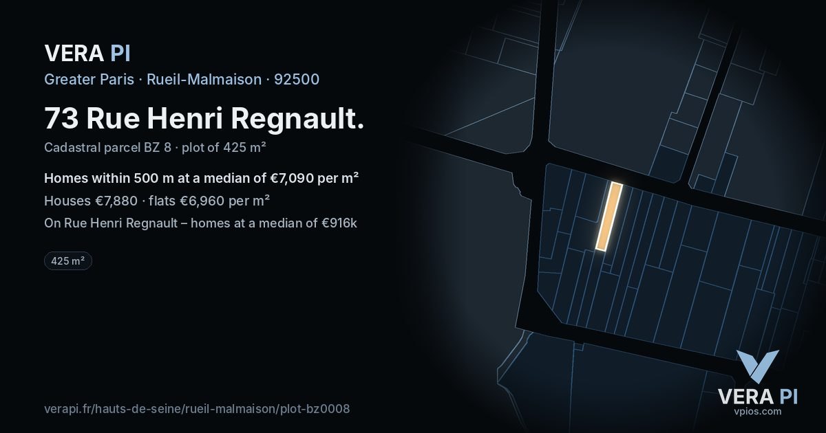73 Rue Henri Regnault, Rueil-Malmaison at night – the plot lit, the parcels around coloured by the prices near them