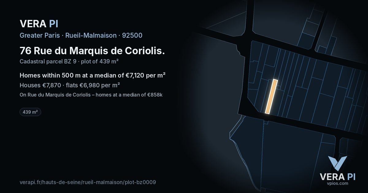 76 Rue du Marquis de Coriolis, Rueil-Malmaison at night – the plot lit, the parcels around coloured by the prices near them