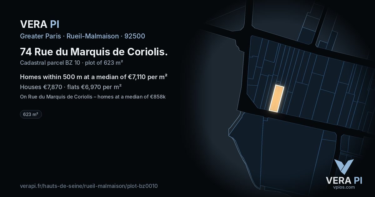 74 Rue du Marquis de Coriolis, Rueil-Malmaison at night – the plot lit, the parcels around coloured by the prices near them
