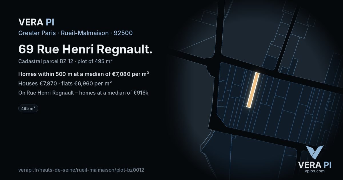 69 Rue Henri Regnault, Rueil-Malmaison at night – the plot lit, the parcels around coloured by the prices near them