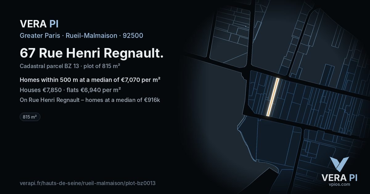 67 Rue Henri Regnault, Rueil-Malmaison at night – the plot lit, the parcels around coloured by the prices near them