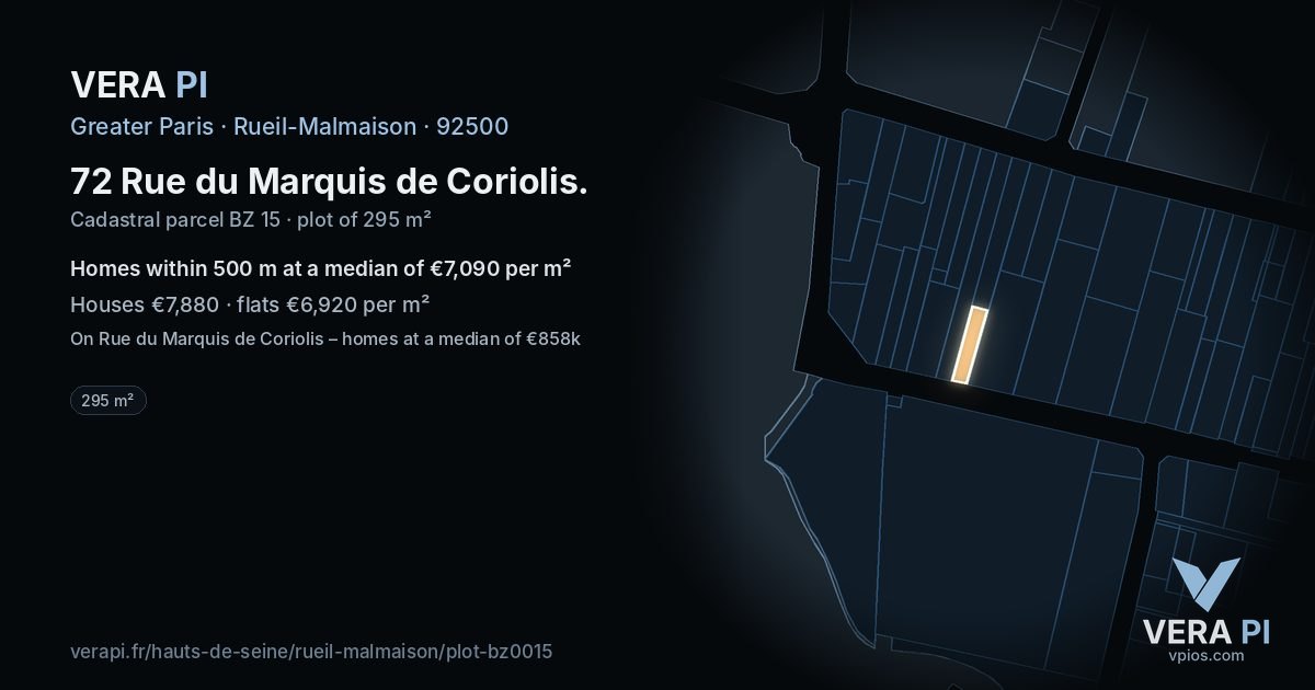 72 Rue du Marquis de Coriolis, Rueil-Malmaison at night – the plot lit, the parcels around coloured by the prices near them