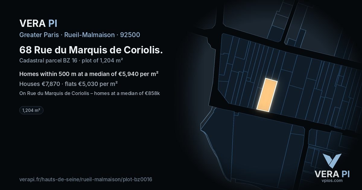 68 Rue du Marquis de Coriolis, Rueil-Malmaison at night – the plot lit, the parcels around coloured by the prices near them