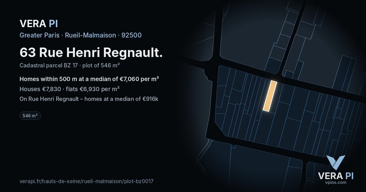 63 Rue Henri Regnault, Rueil-Malmaison at night – the plot lit, the parcels around coloured by the prices near them