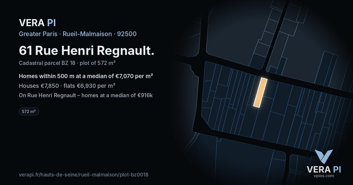 61 Rue Henri Regnault, Rueil-Malmaison at night – the plot lit, the parcels around coloured by the prices near them