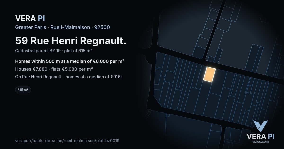 59 Rue Henri Regnault, Rueil-Malmaison at night – the plot lit, the parcels around coloured by the prices near them