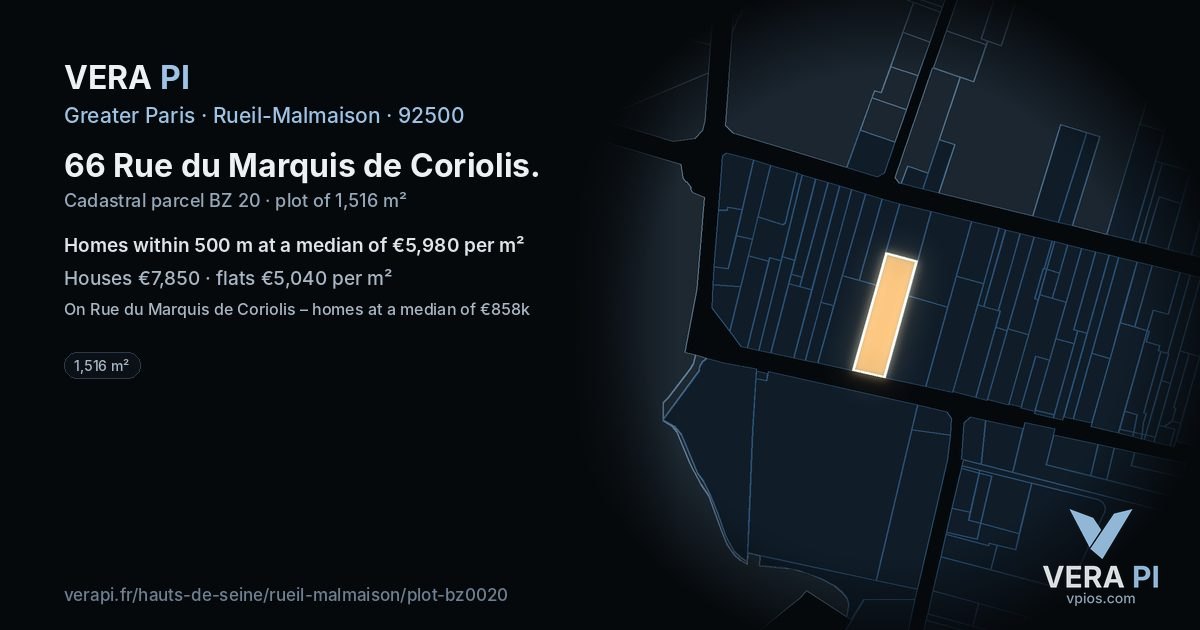 66 Rue du Marquis de Coriolis, Rueil-Malmaison at night – the plot lit, the parcels around coloured by the prices near them