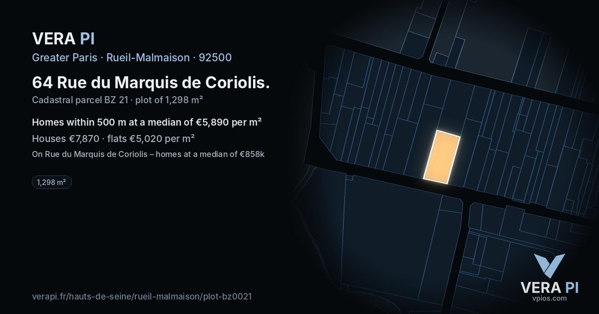64 Rue du Marquis de Coriolis, Rueil-Malmaison at night – the plot lit, the parcels around coloured by the prices near them