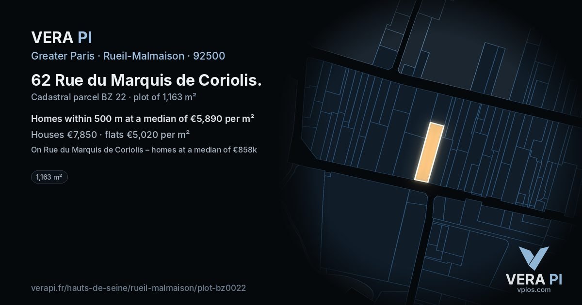 62 Rue du Marquis de Coriolis, Rueil-Malmaison at night – the plot lit, the parcels around coloured by the prices near them