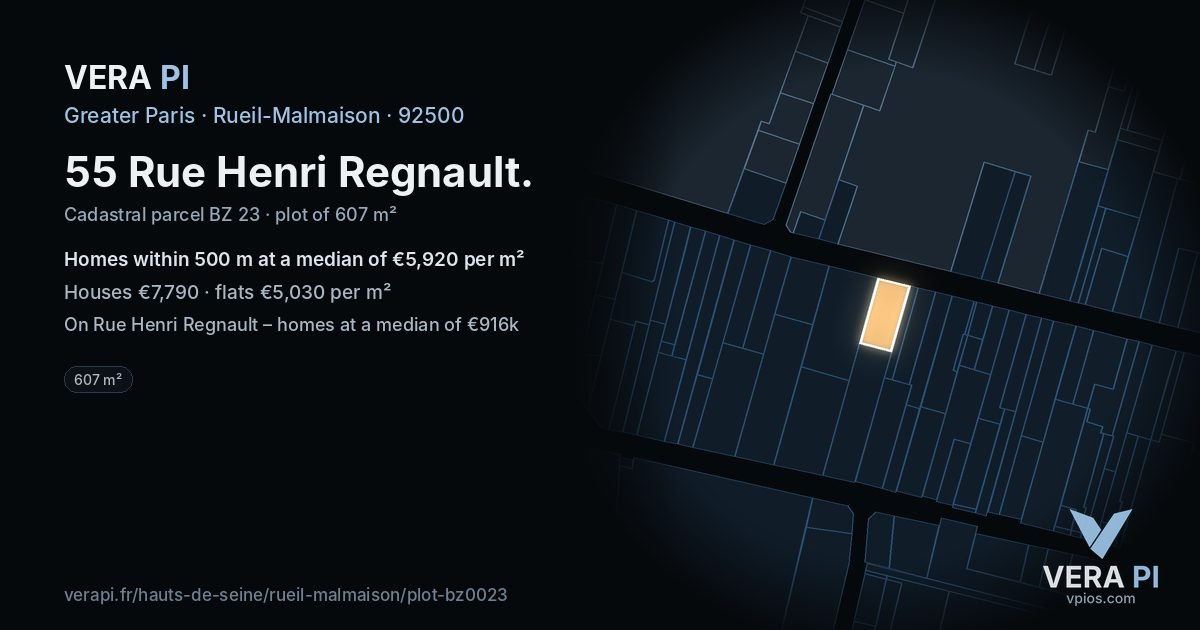 55 Rue Henri Regnault, Rueil-Malmaison at night – the plot lit, the parcels around coloured by the prices near them