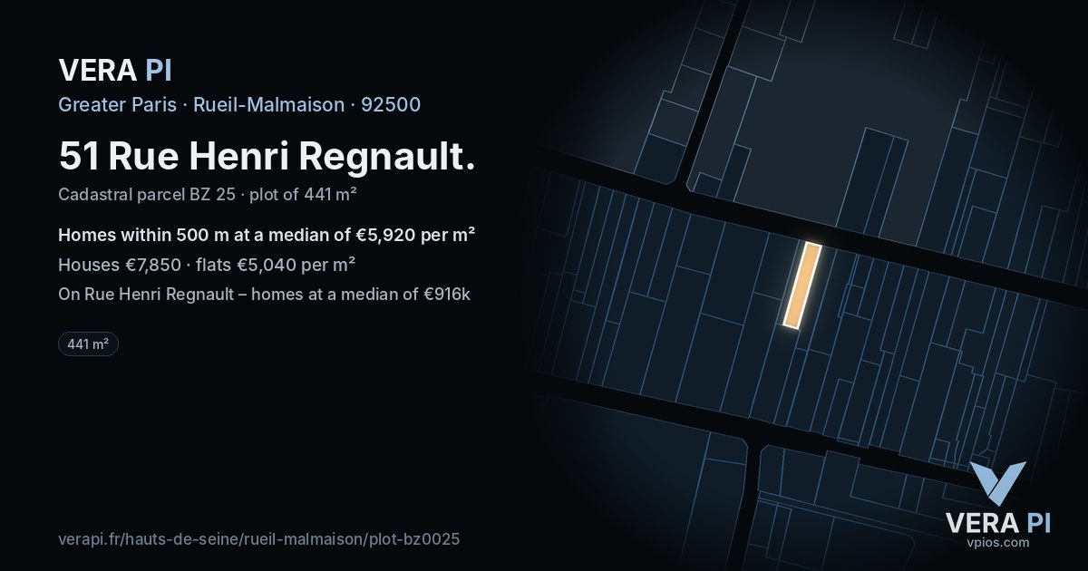 51 Rue Henri Regnault, Rueil-Malmaison at night – the plot lit, the parcels around coloured by the prices near them