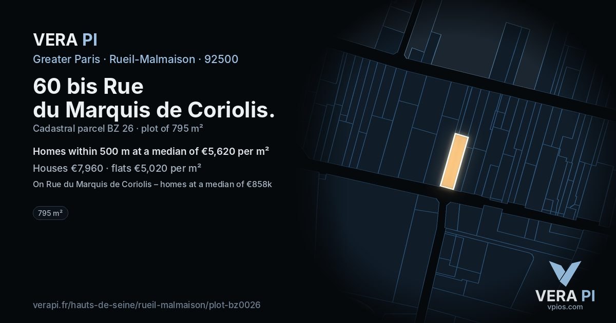 60 bis Rue du Marquis de Coriolis, Rueil-Malmaison at night – the plot lit, the parcels around coloured by the prices near them
