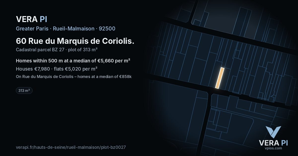 60 Rue du Marquis de Coriolis, Rueil-Malmaison at night – the plot lit, the parcels around coloured by the prices near them