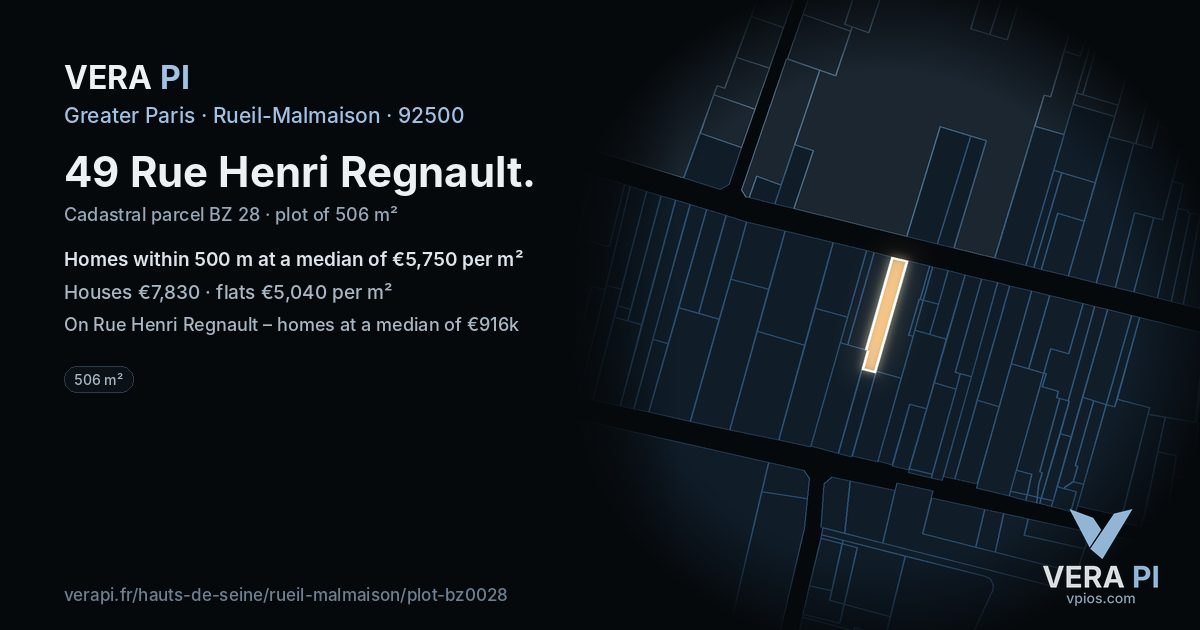 49 Rue Henri Regnault, Rueil-Malmaison at night – the plot lit, the parcels around coloured by the prices near them