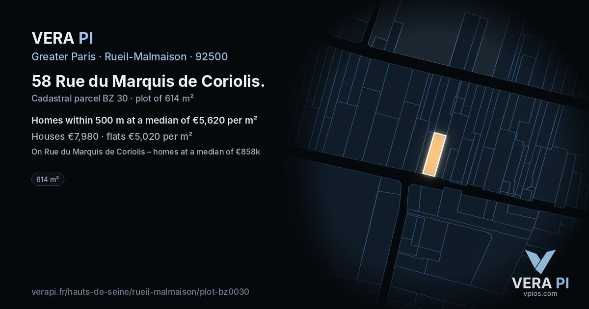 58 Rue du Marquis de Coriolis, Rueil-Malmaison at night – the plot lit, the parcels around coloured by the prices near them