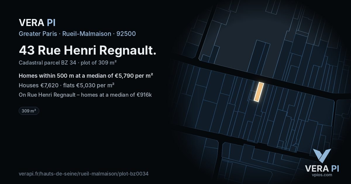 43 Rue Henri Regnault, Rueil-Malmaison at night – the plot lit, the parcels around coloured by the prices near them