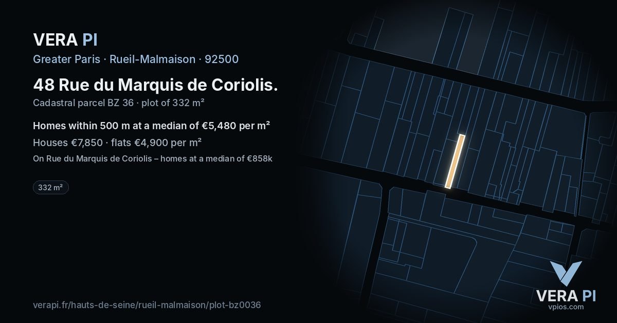48 Rue du Marquis de Coriolis, Rueil-Malmaison at night – the plot lit, the parcels around coloured by the prices near them