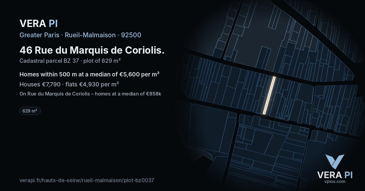 46 Rue du Marquis de Coriolis, Rueil-Malmaison at night – the plot lit, the parcels around coloured by the prices near them
