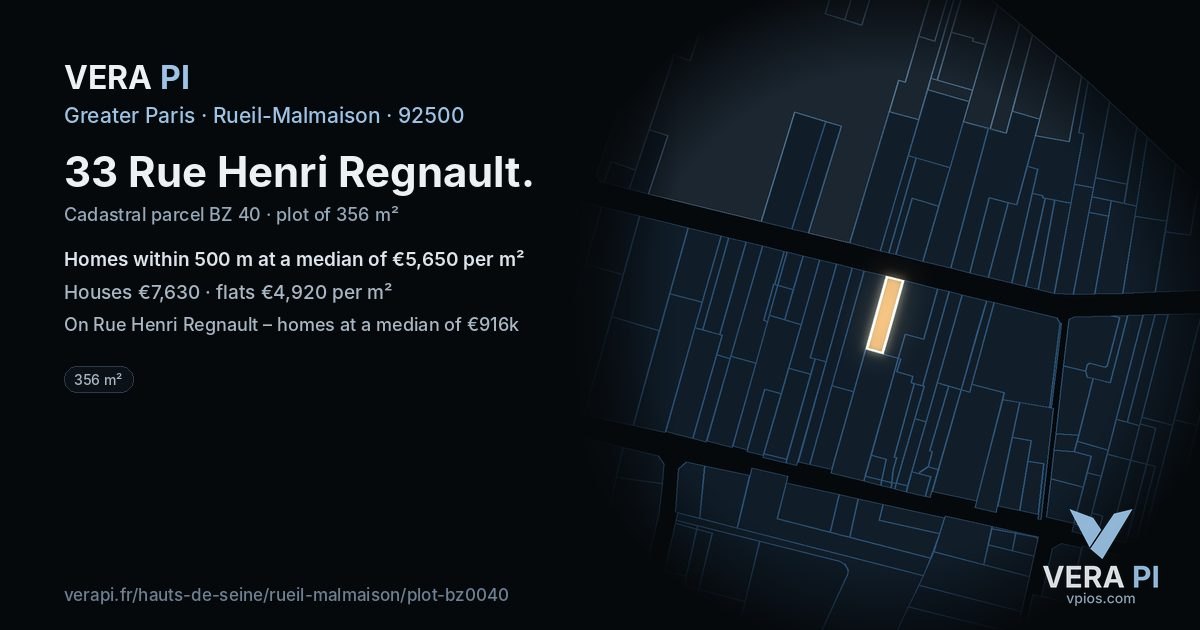 33 Rue Henri Regnault, Rueil-Malmaison at night – the plot lit, the parcels around coloured by the prices near them