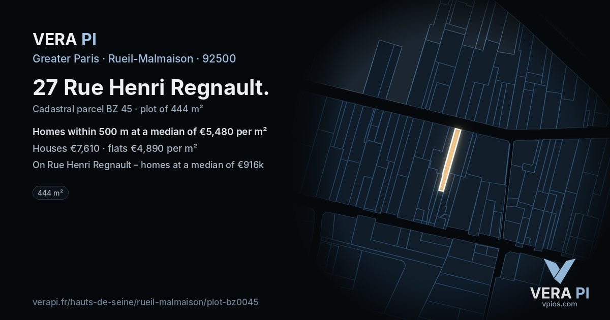 27 Rue Henri Regnault, Rueil-Malmaison at night – the plot lit, the parcels around coloured by the prices near them