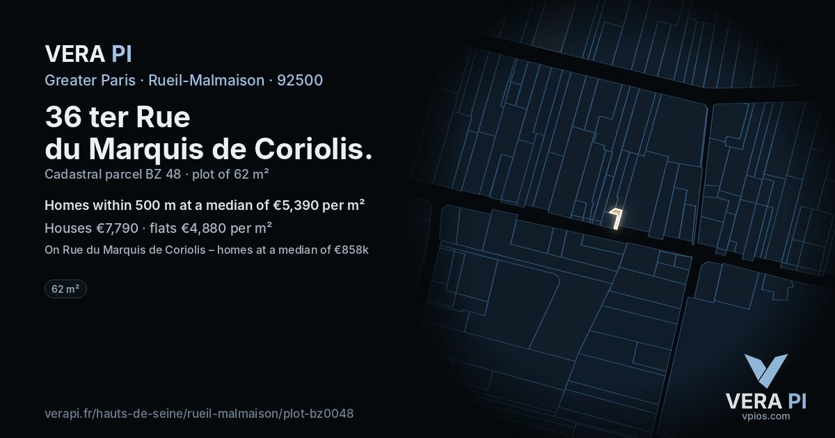 36 ter Rue du Marquis de Coriolis, Rueil-Malmaison at night – the plot lit, the parcels around coloured by the prices near them