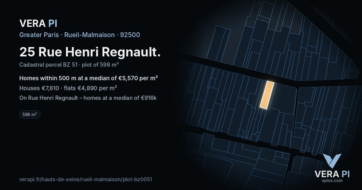 25 Rue Henri Regnault, Rueil-Malmaison at night – the plot lit, the parcels around coloured by the prices near them