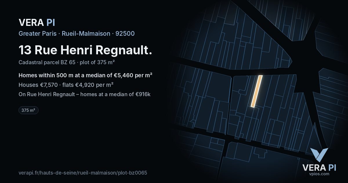 13 Rue Henri Regnault, Rueil-Malmaison at night – the plot lit, the parcels around coloured by the prices near them