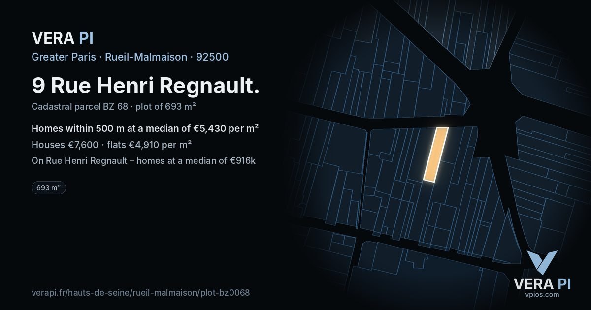 9 Rue Henri Regnault, Rueil-Malmaison at night – the plot lit, the parcels around coloured by the prices near them
