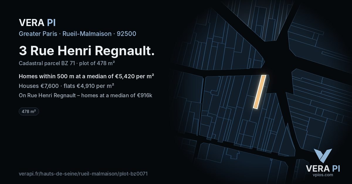 3 Rue Henri Regnault, Rueil-Malmaison at night – the plot lit, the parcels around coloured by the prices near them