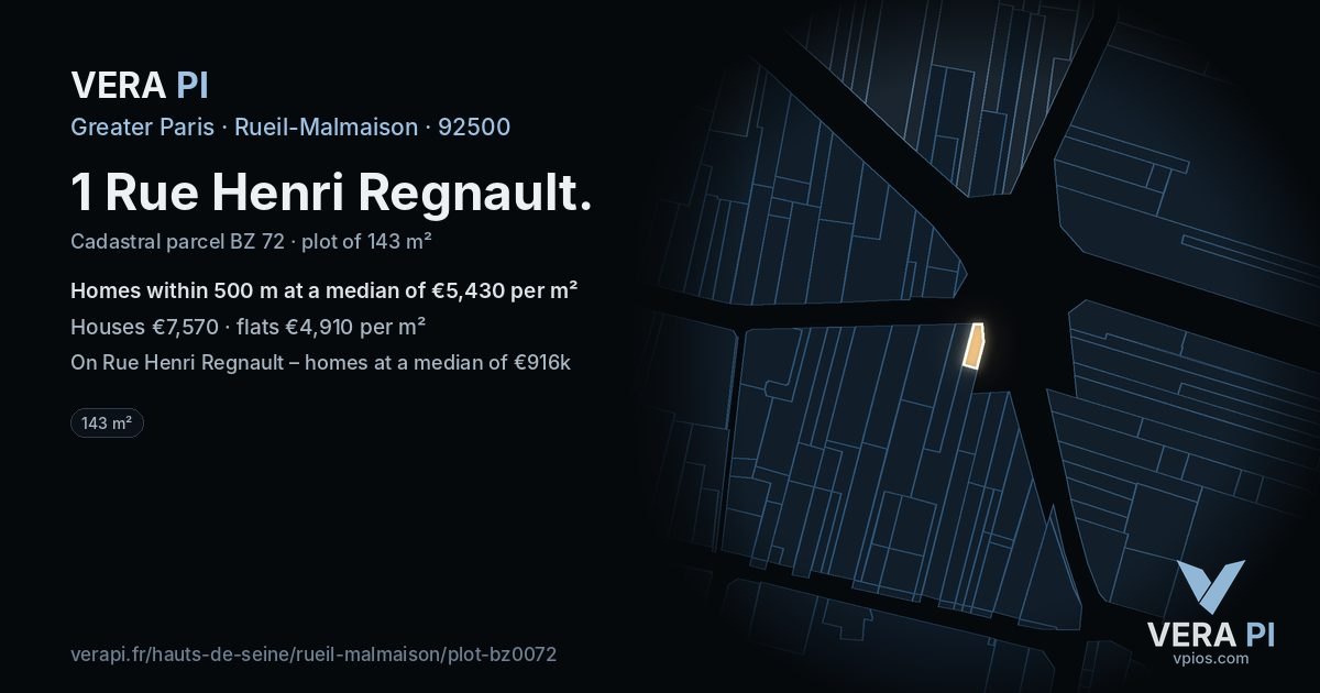 1 Rue Henri Regnault, Rueil-Malmaison at night – the plot lit, the parcels around coloured by the prices near them