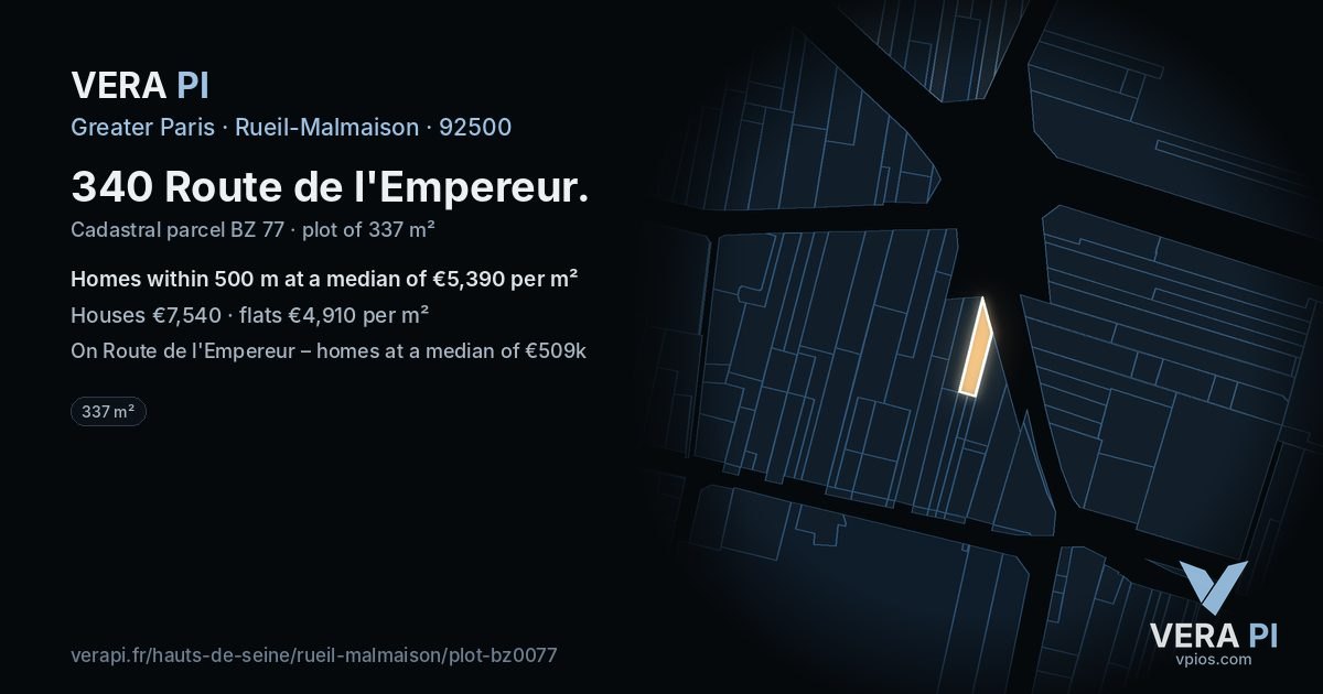 340 Route de l'Empereur, Rueil-Malmaison at night – the plot lit, the parcels around coloured by the prices near them