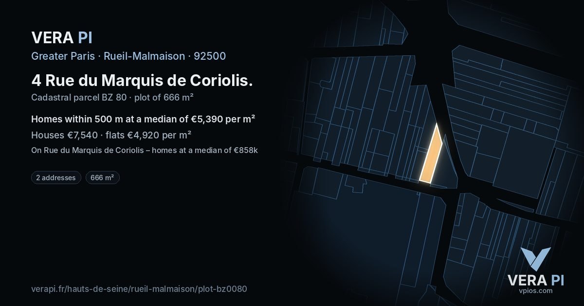 4 Rue du Marquis de Coriolis, Rueil-Malmaison at night – the plot lit, the parcels around coloured by the prices near them