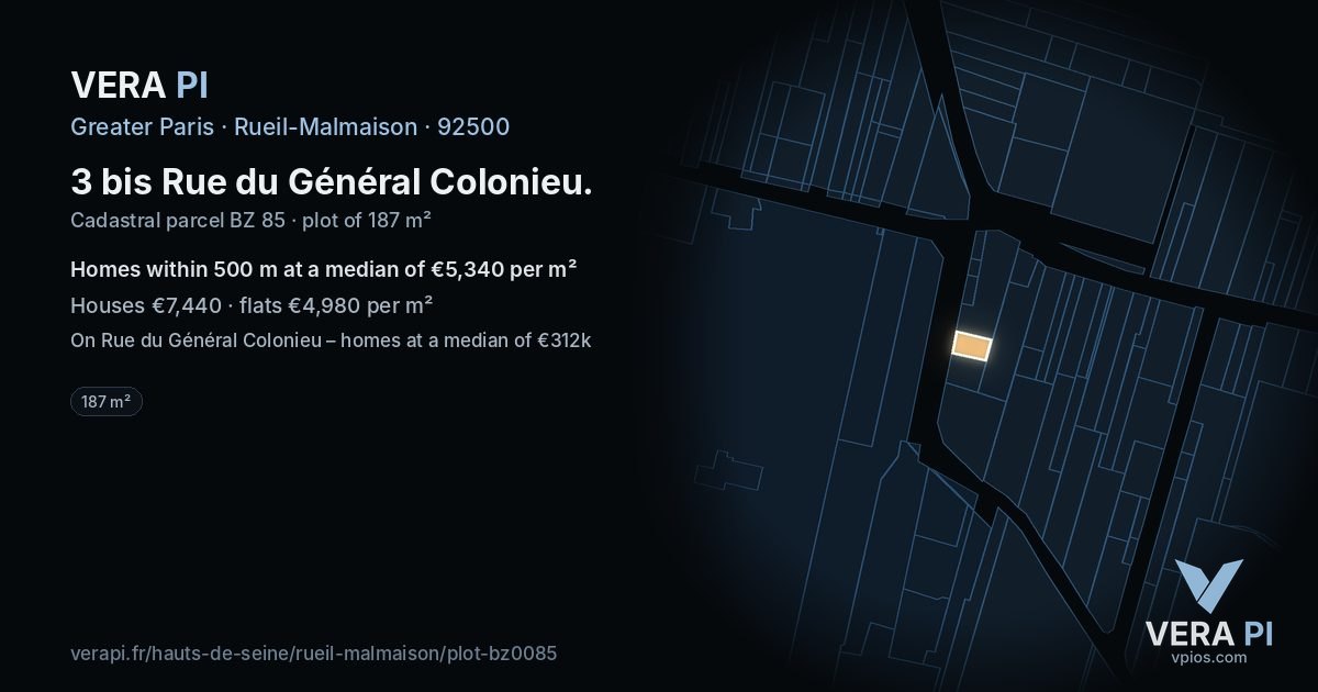 3 bis Rue du Général Colonieu, Rueil-Malmaison at night – the plot lit, the parcels around coloured by the prices near them