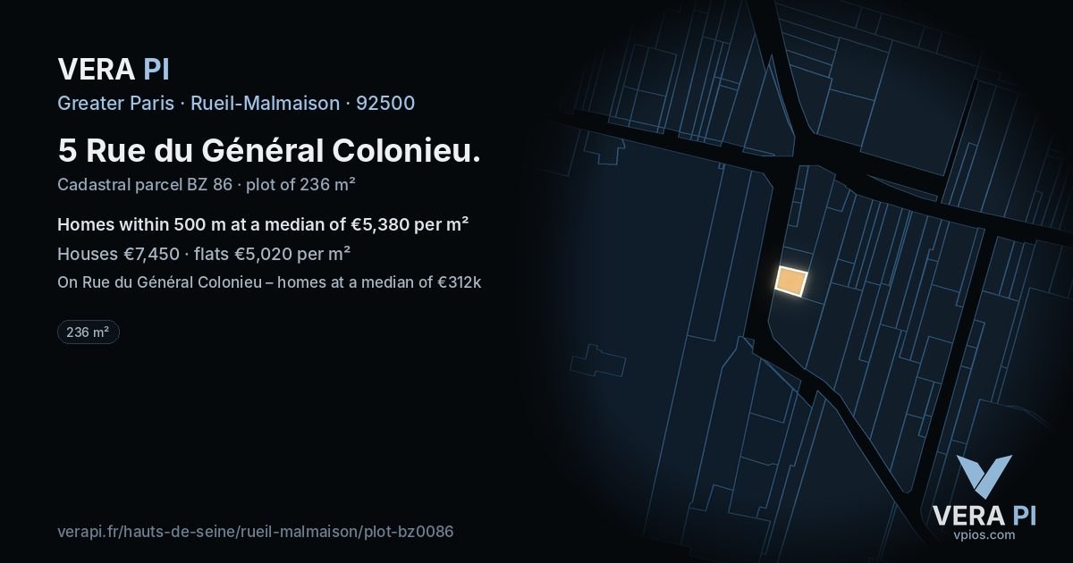 5 Rue du Général Colonieu, Rueil-Malmaison at night – the plot lit, the parcels around coloured by the prices near them