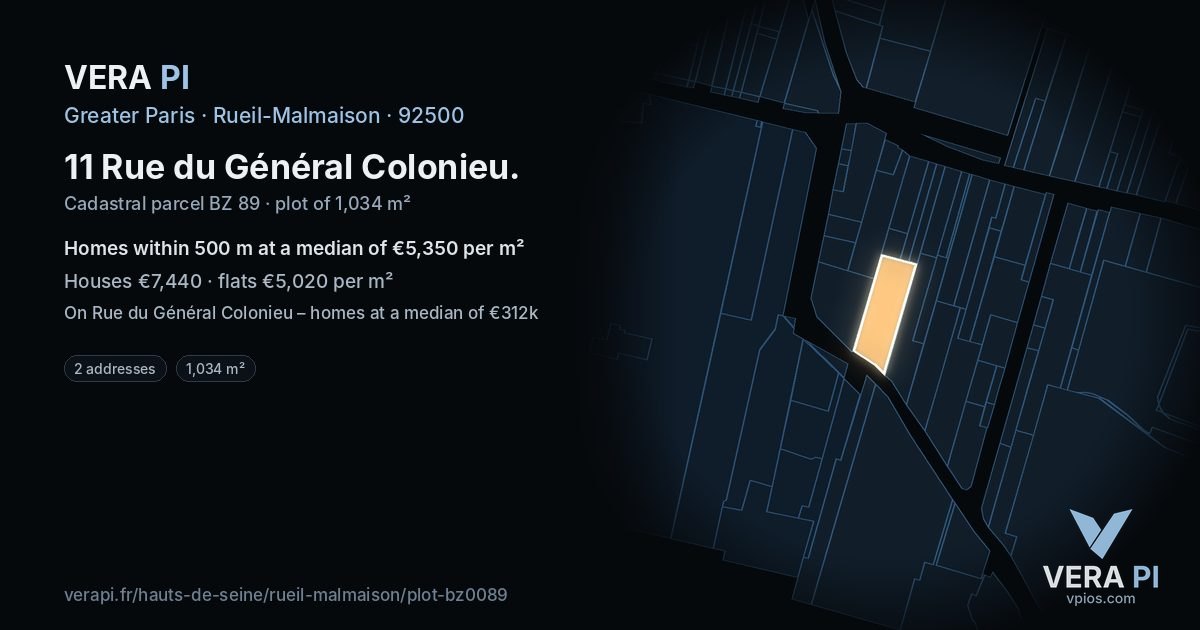 11 Rue du Général Colonieu, Rueil-Malmaison at night – the plot lit, the parcels around coloured by the prices near them