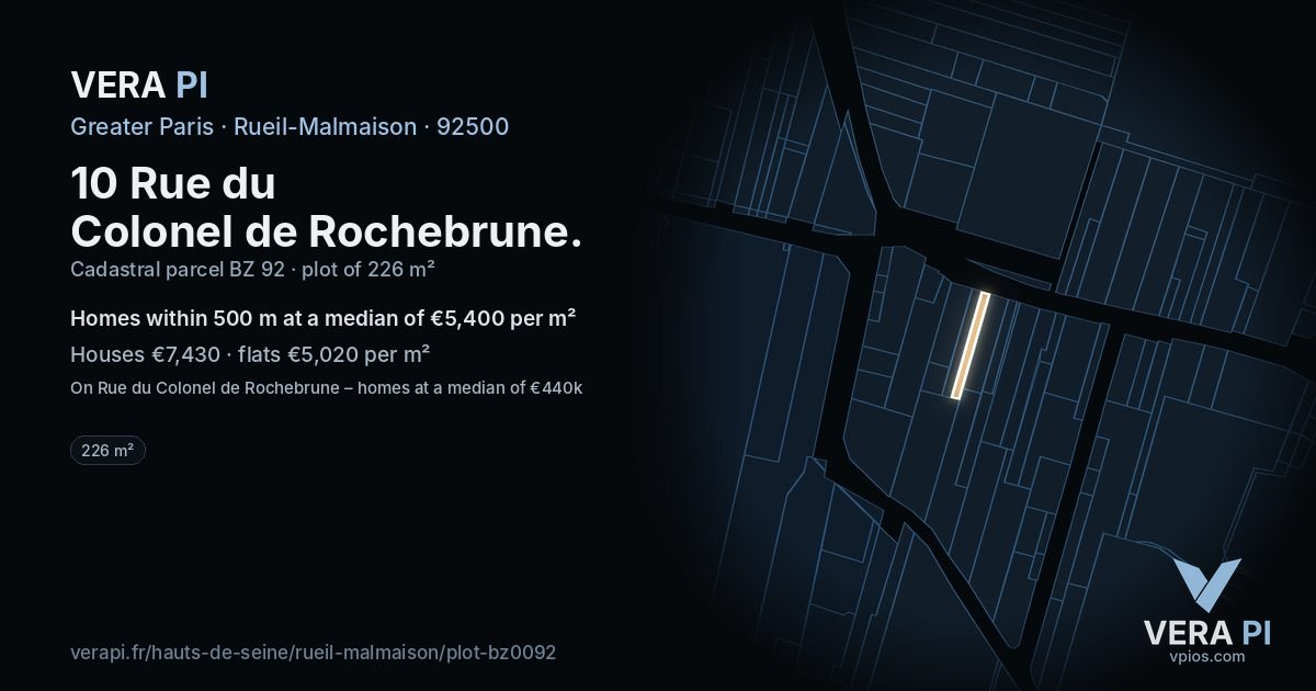 10 Rue du Colonel de Rochebrune, Rueil-Malmaison at night – the plot lit, the parcels around coloured by the prices near them