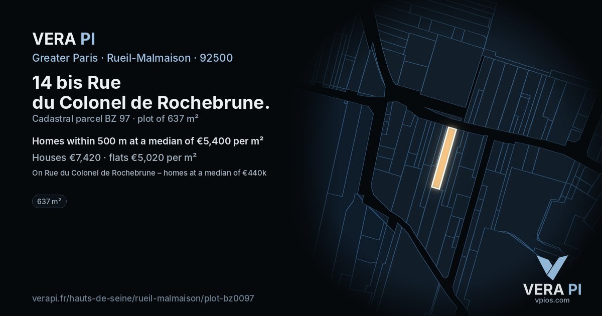 14 bis Rue du Colonel de Rochebrune, Rueil-Malmaison at night – the plot lit, the parcels around coloured by the prices near them