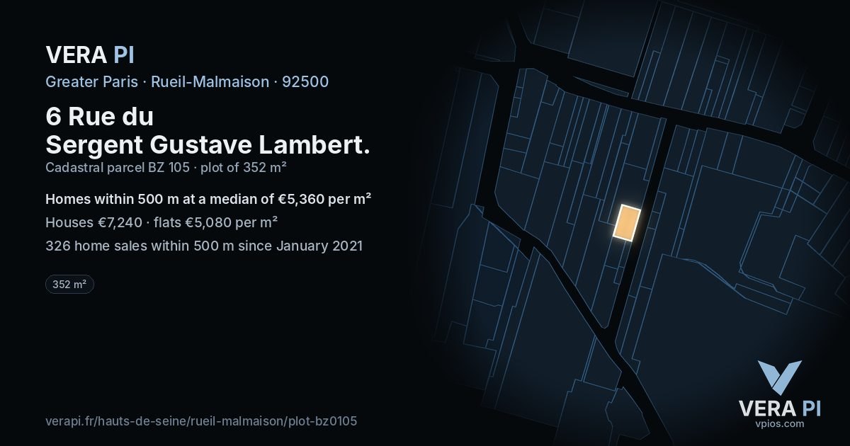 6 Rue du Sergent Gustave Lambert, Rueil-Malmaison at night – the plot lit, the parcels around coloured by the prices near them