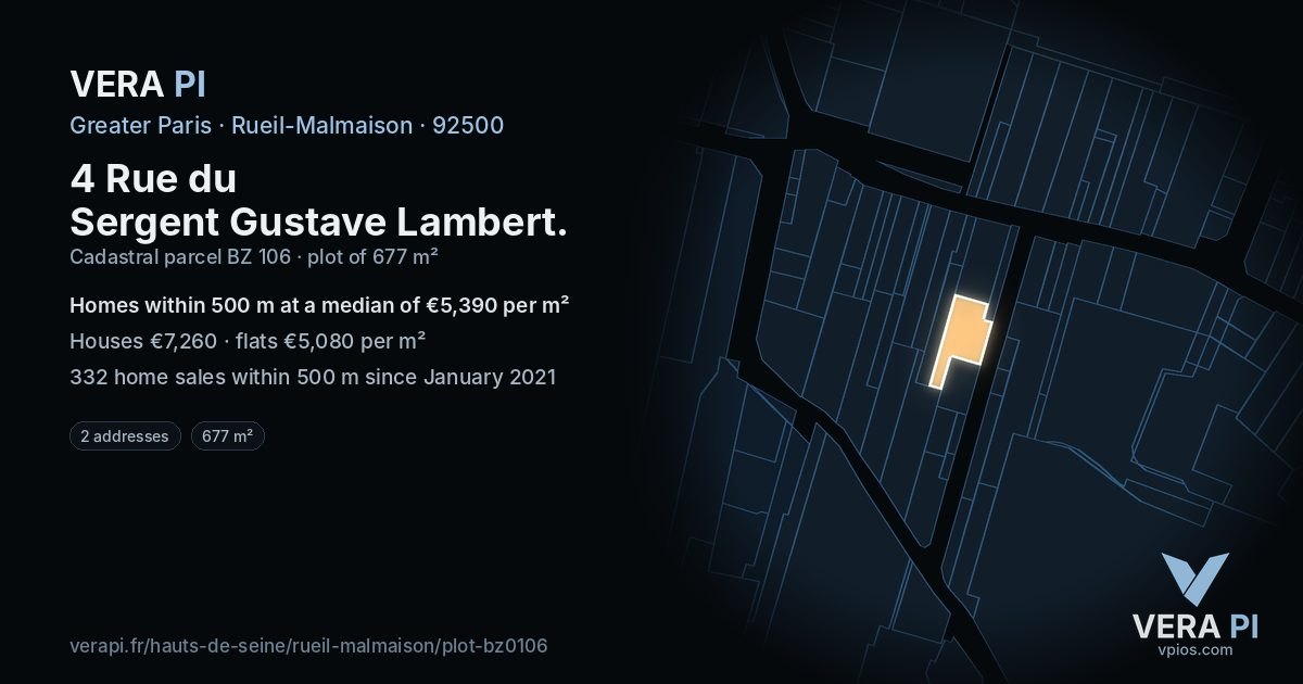 4 Rue du Sergent Gustave Lambert, Rueil-Malmaison at night – the plot lit, the parcels around coloured by the prices near them