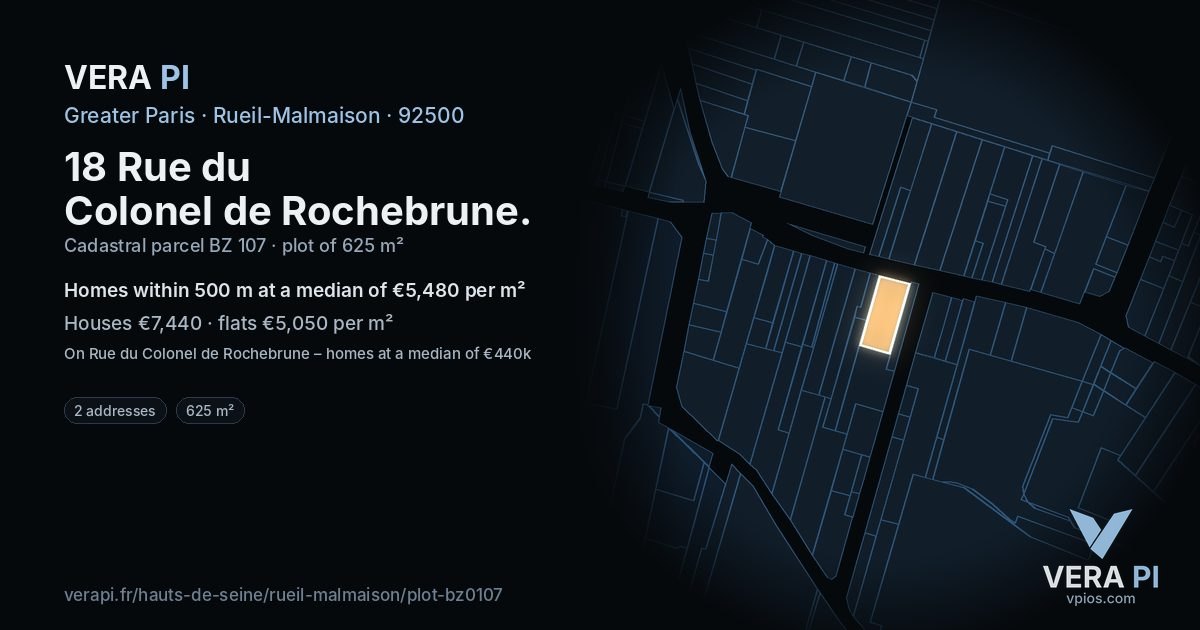 18 Rue du Colonel de Rochebrune, Rueil-Malmaison at night – the plot lit, the parcels around coloured by the prices near them